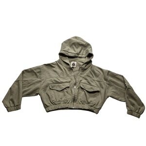 Ashley Vintage Charm Cropped Utility Hoodie Jacket Olive Women XL
